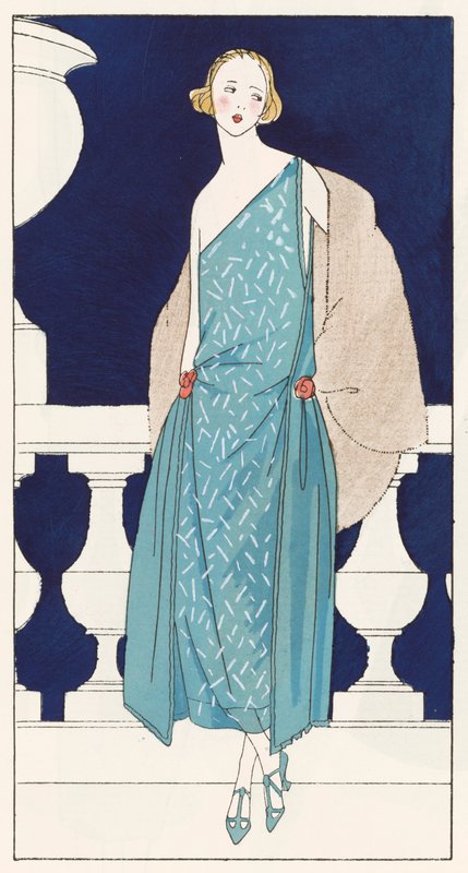 20 世纪 20 年代设计师珍妮（Jenny Sacerdote）设计的女式晚礼服（彩色石版画） 作者 法语学校