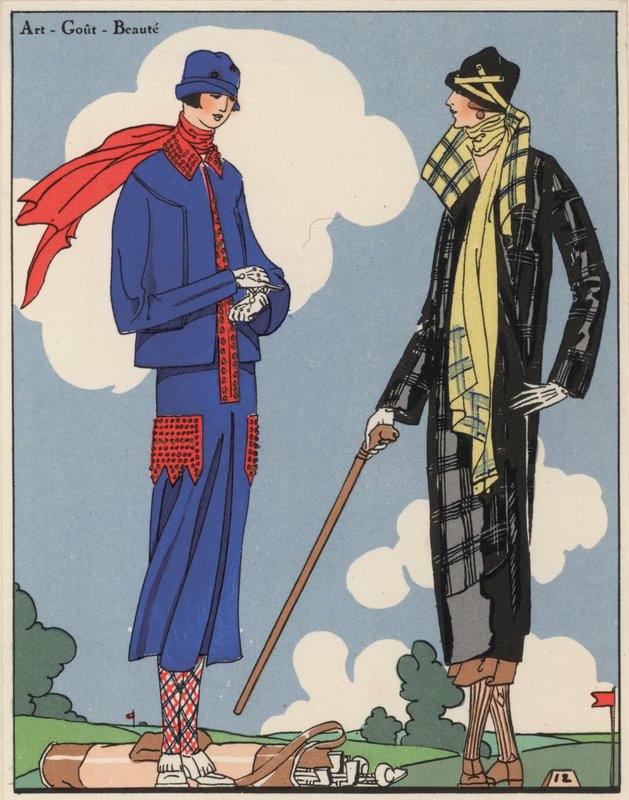 20 世纪 20 年代由设计师 Martial 和 Armand 以及 Christoph Drecoll 设计的高尔夫球女装。(彩色平版） 作者 法语学校
