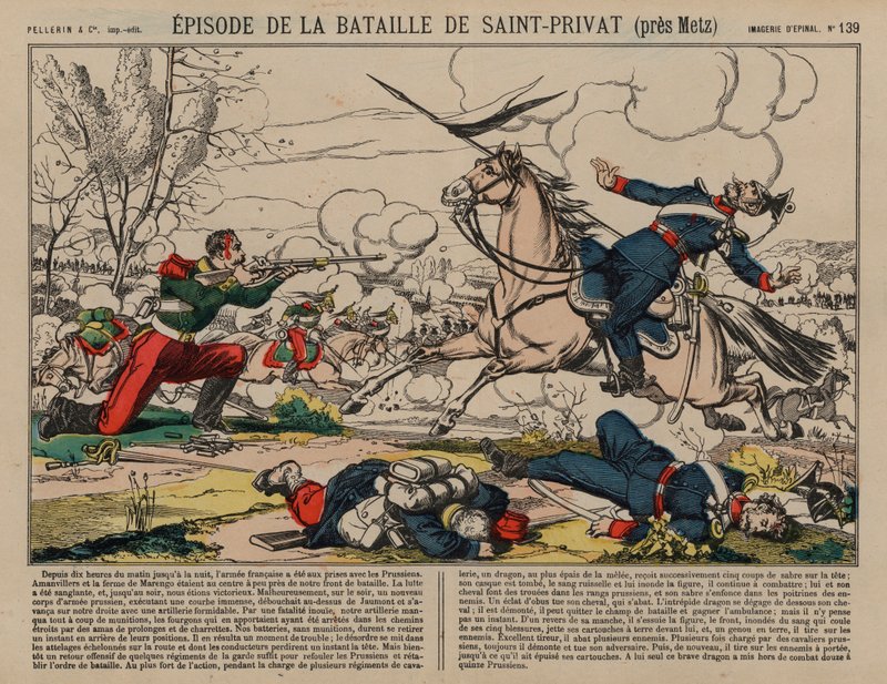 Wounded French dragoon shooting a Prussian lancer at the Battle of Saint-Privat, Franco-Prussian War 作者 法语学校