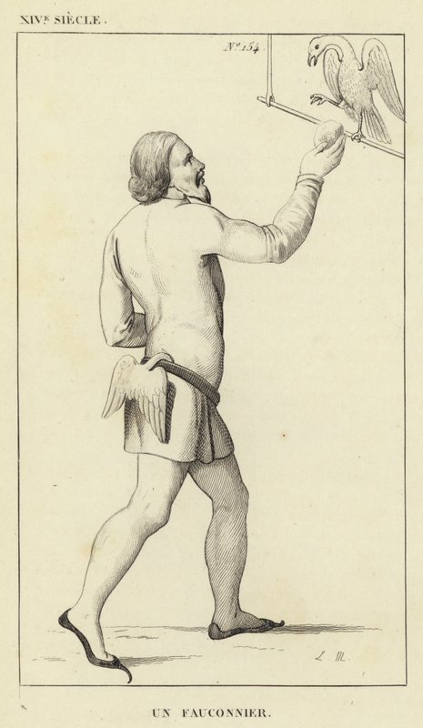 十四世纪，A Falconer（雕刻）。 作者 法语学校