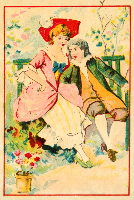 Young couple on a bench in a garden (chromolitho) 作者 法语学校