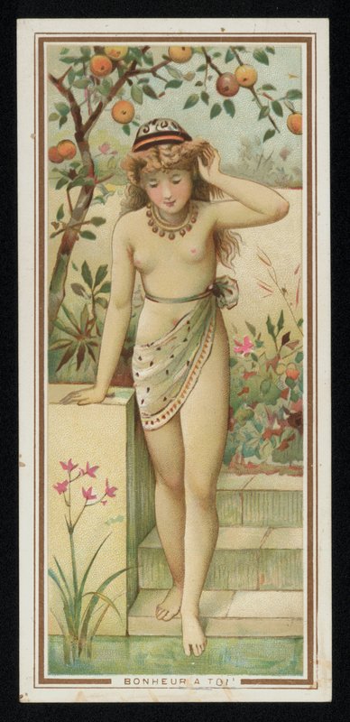 年轻女子在花园里，问候卡。(chromolitho) 作者 法语学校