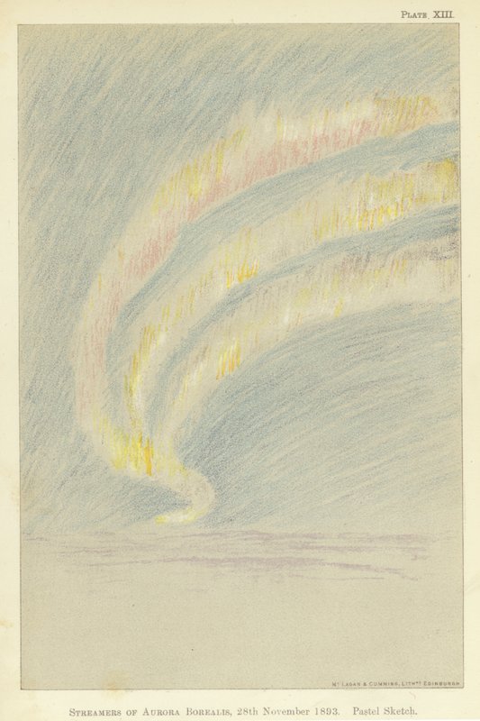 北极光的飘带，1893 年 11 月 28 日，粉彩素描（彩色石版画） 作者 弗里德约夫·南森
