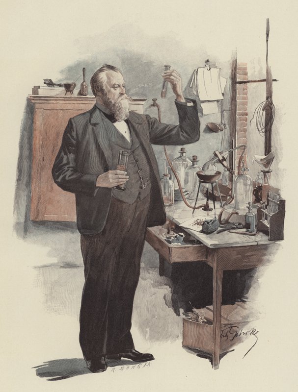 Kammersänger Albert Niemann als Chemiker（歌剧歌手 Albert Niemann 作为化学家）（彩色石版画） 作者 弗里茨·格克
