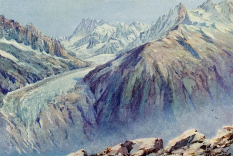 La Flegere 的 Mer De Glace（彩色石版画） 作者 乔治·杰克逊·弗莱姆威尔