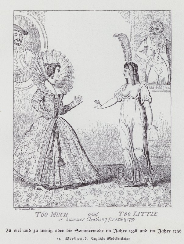 太多和太少，1556 年和 1796 年的夏季服装（石版画） 作者 乔治·穆塔德（后）伍德沃德