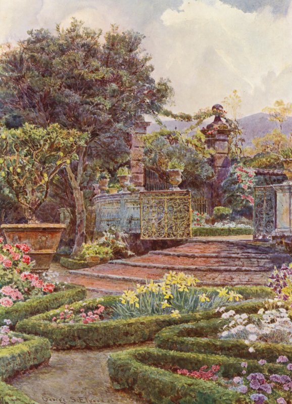 意大利花园：花园之门，卡尼巴罗拉别墅（彩色石版画） 作者 乔治·塞缪尔·埃尔古德