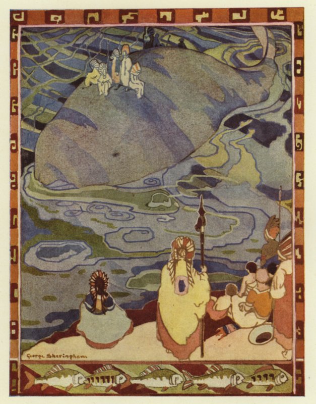 Glooskap 将他的人聚集在岸边，并命令鲸鱼把他们带到他们的老家（彩色石版画） 作者 乔治·谢林汉姆
