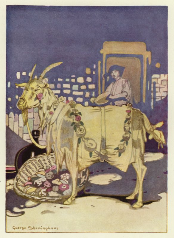他买了大量的食物，放在篮子里，运到牲口场（彩色石版画） 作者 乔治·谢林汉姆