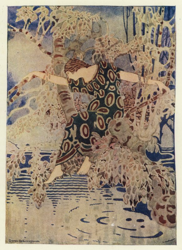 她爬上一棵伸过水面的树（彩色石版画） 作者 乔治·谢林汉姆