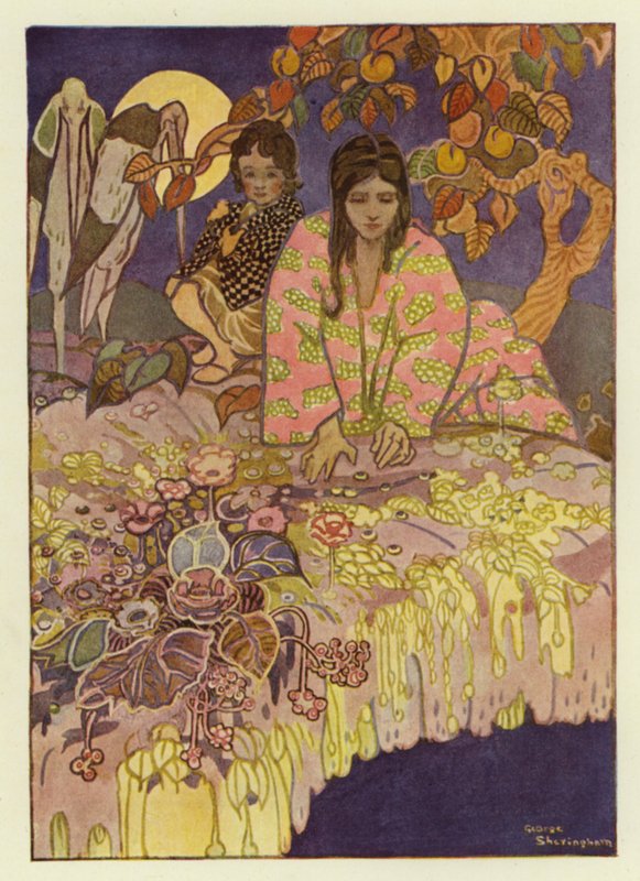 女孩从洞里往外看，看到了她脚下的大地（彩色石版画） 作者 乔治·谢林汉姆