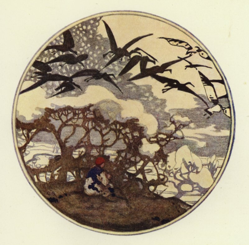 平原积雪深厚，许多雪鸟飞来飞去觅食（彩色石版画） 作者 乔治·谢林汉姆
