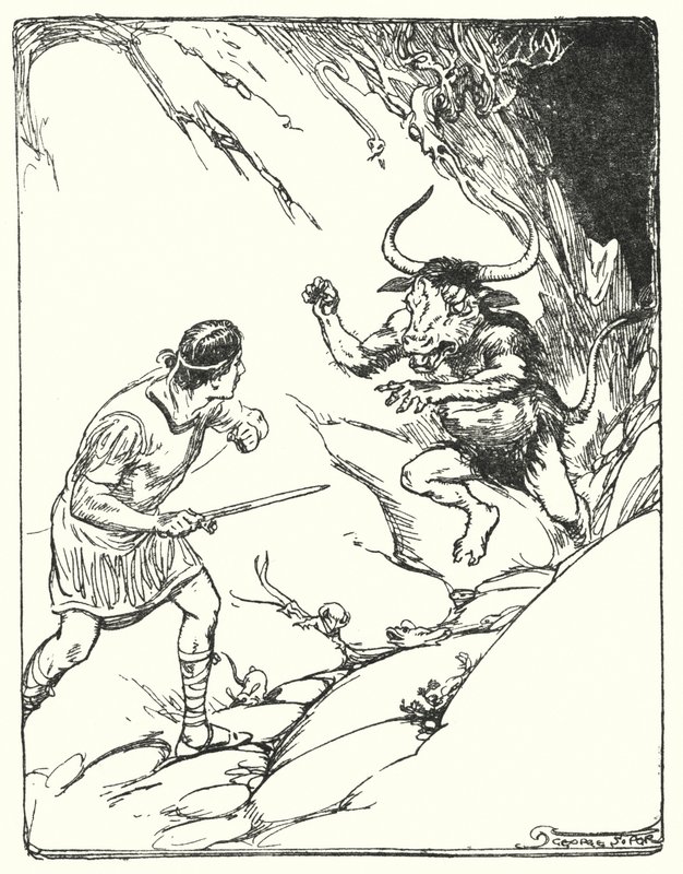 忒修斯：“他从未见过如此奇怪的野兽”（石版画） 作者 乔治·索珀