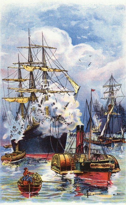 A Merchantman being towed up the river Thames (colour litho) 作者 乔治·华盛顿·兰伯特