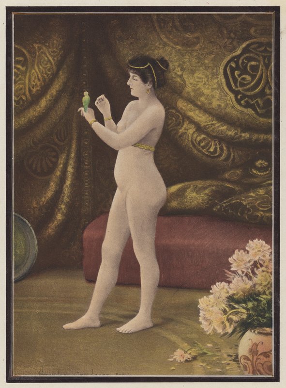 最爱，带着宠物鸟的女人（彩色石版画） 作者 乔治·克罗埃格特