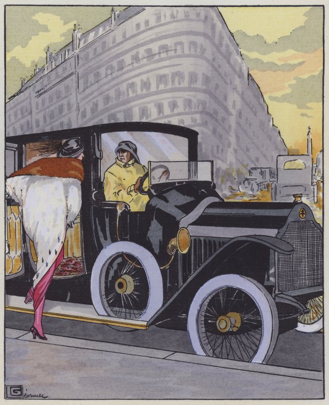 1910 年代的女性时装和 Lorraine-Dietrich 汽车。 （彩色石版画） 作者 乔治·莱昂内克