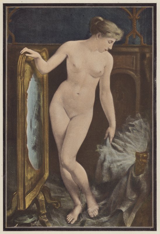 正在考虑头饰的妇女（彩色石版画） 作者 乔治·鲁辛