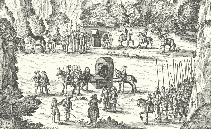 萨克森选举人约翰·弗雷德里克一世在1552年在奥地利林茨的神圣罗马皇帝查理五世手中被囚禁 作者 德国学校