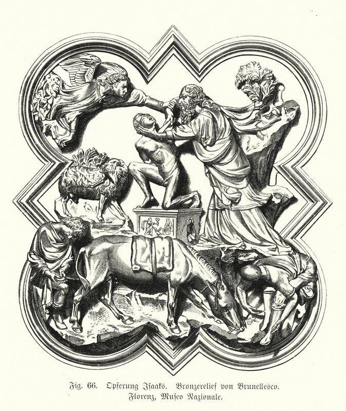 亚伯拉罕将他的儿子以撒献祭，菲利波·布鲁内莱斯基 (Filippo Brunelleschi) 的青铜浮雕（雕刻） 作者 德国学校