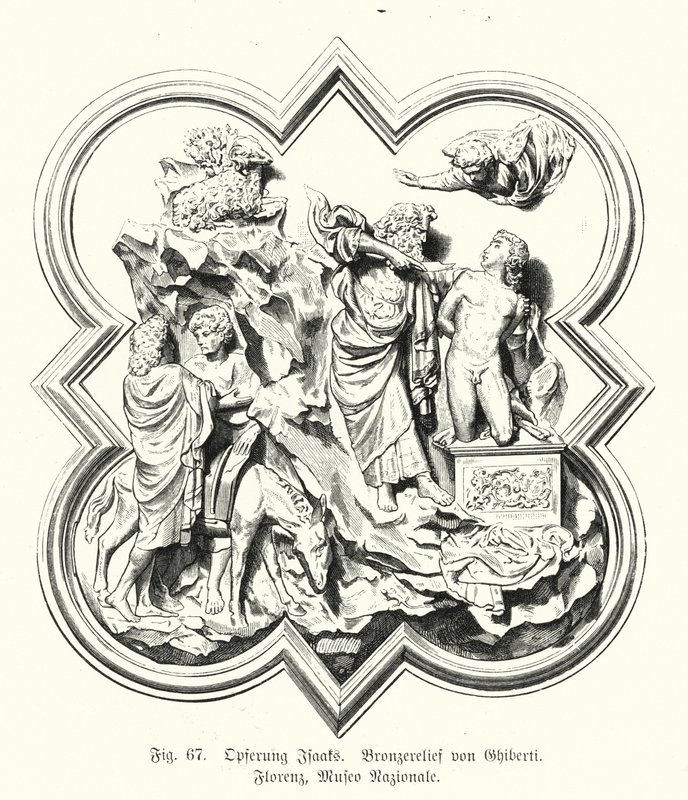 亚伯拉罕将他的儿子以撒献祭，洛伦佐·吉贝尔蒂（Lorenzo Ghiberti）的青铜浮雕（雕刻） 作者 德国学校