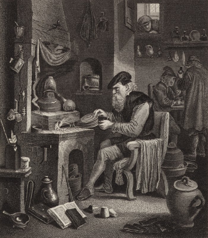 Alchemist at work. Illustration for Bilder-Atlas (engraving) 作者 德国学校