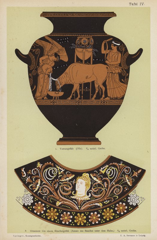 Ancient Greek storage jar and ornament from a censer (colour litho) 作者 德国学校
