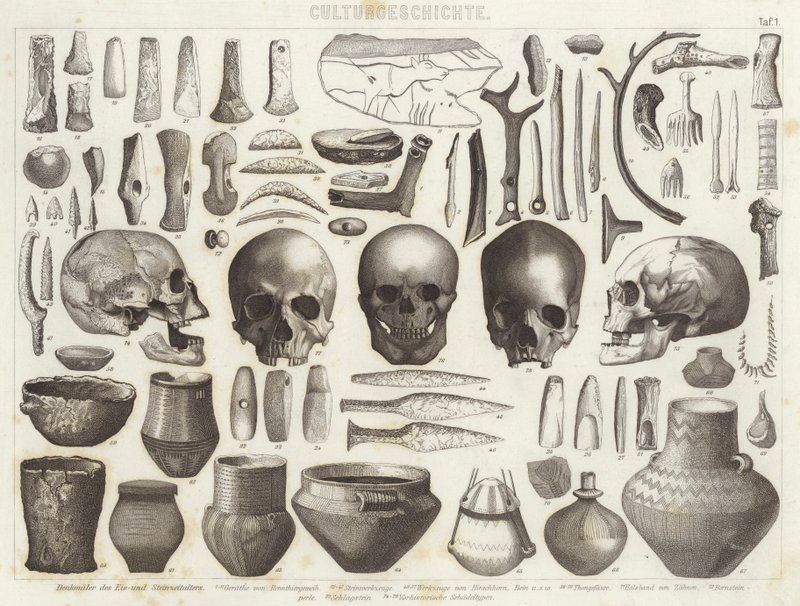 来自冰河和石器时代的手工艺品。 Bilder-Atlas 插图（雕刻） 作者 德国学校