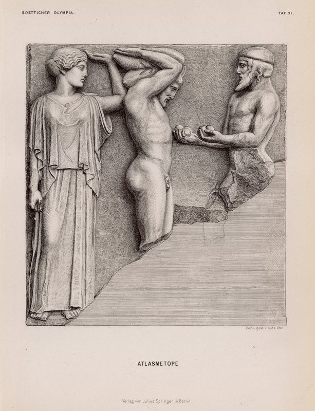 Atlas bringing Heracles the Apples of the Hesperides in the presence of Athena, metope from the Temple of Zeus, Olympia, Greece (engraving) 作者 德国学校