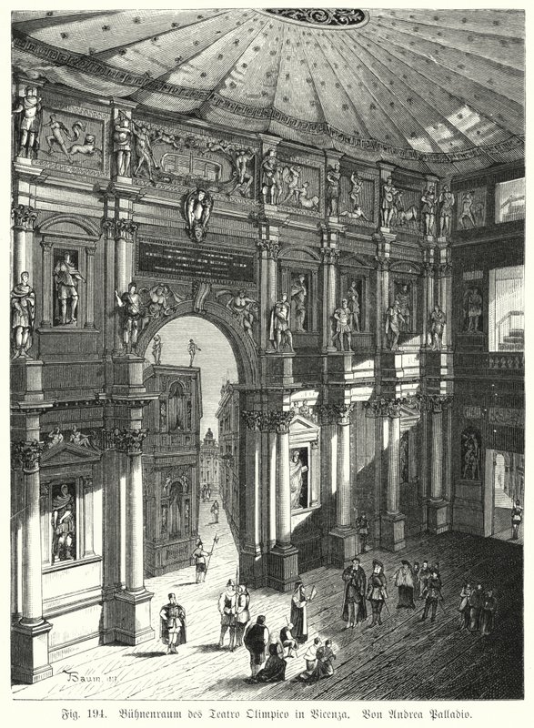 意大利皮亚琴察奥林匹克剧院的礼堂和舞台，由 Andrea Palladio 设计（雕刻） 作者 德国学校