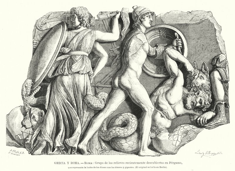 众神与泰坦和巨人之间的战斗，来自佩加蒙的古希腊浮雕（石版画） 作者 德国学校