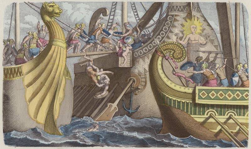 Boarding a galley during a sea battle in Roman times (coloured engraving) 作者 德国学校