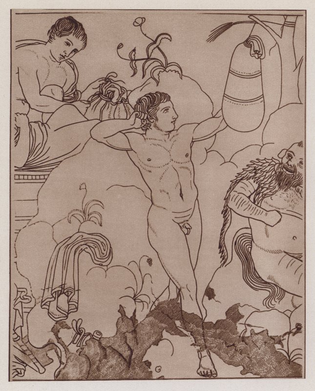 拳击手用沙袋训练，古希腊花瓶画（石版画） 作者 德国学校