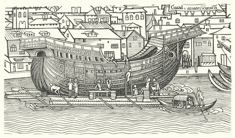 15世纪末建造大型海船（版画） 作者 德国学校