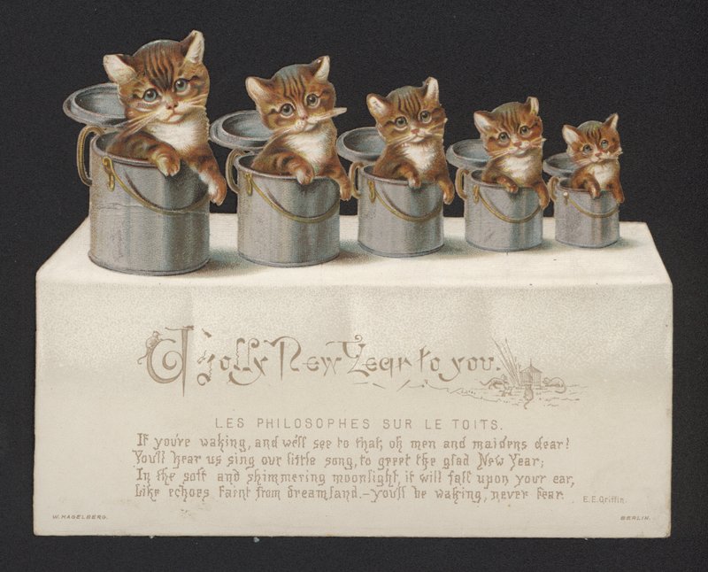 桶中的猫，新年贺卡（chromolitho） 作者 德国学校