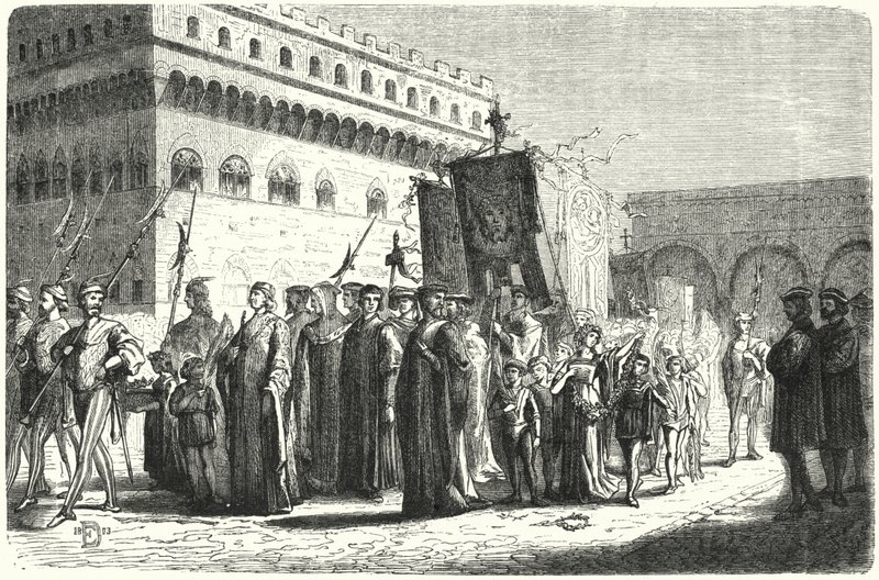 吉罗拉莫·萨沃纳罗拉 (Girolamo Savonarola) 统治下的佛罗伦萨儿童游行（雕刻） 作者 德国学校