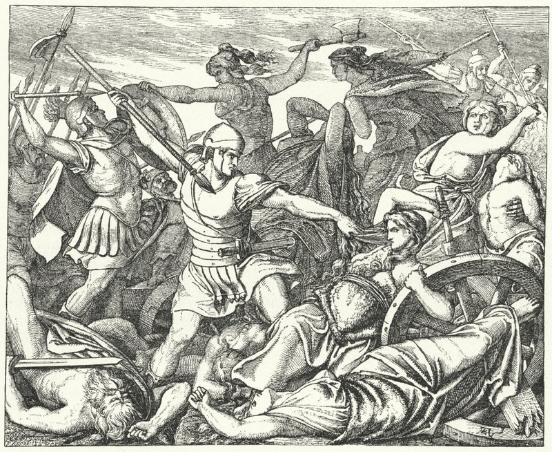 Cimbrian women defending their baggage train against attacking Roman soldiers, late 2nd Century AD (engraving) 作者 德国学校