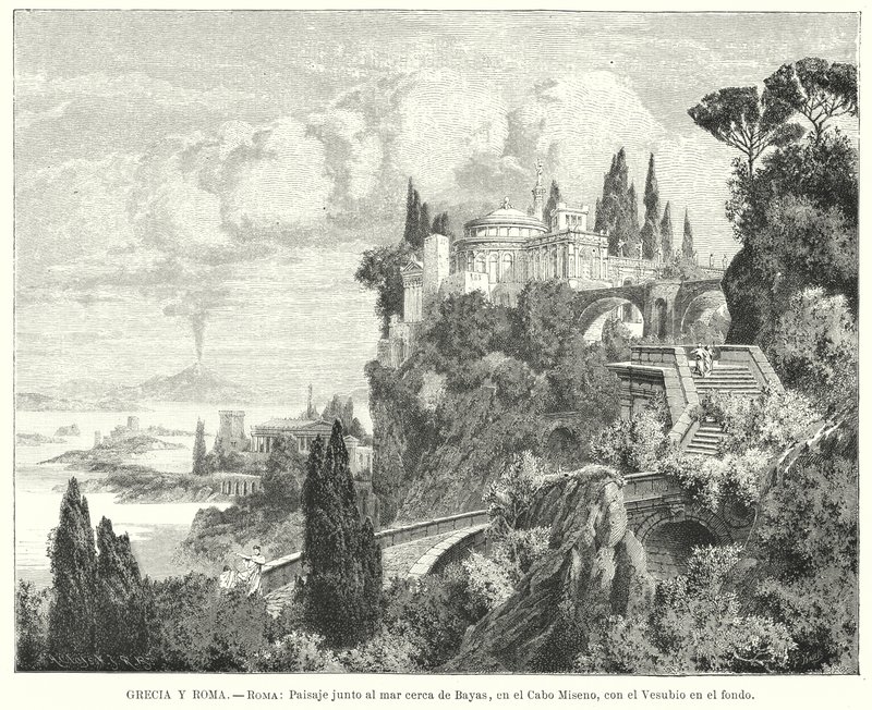 Coastline of the Bay of Naples from the ancient Roman town of Baiae, Cape Miseno, with Vesuvius in the distance (litho) 作者 德国学校