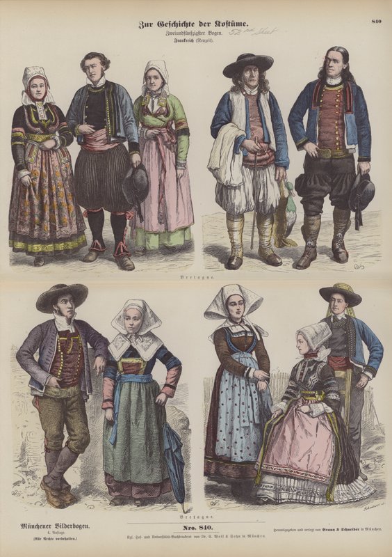 布列塔尼的服装，19世纪末（彩色版画 作者 德国学校