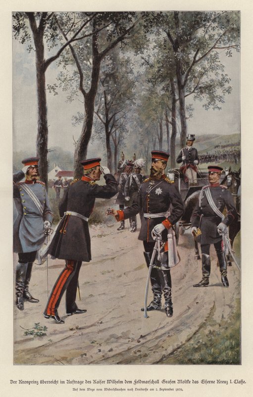 Crown Prince Frederick of Germany awarding Field Marshal Helmuth von Moltke the Iron Cross on behalf of his father, Kaiser Wilhelm I (colour litho) 作者 德国学校