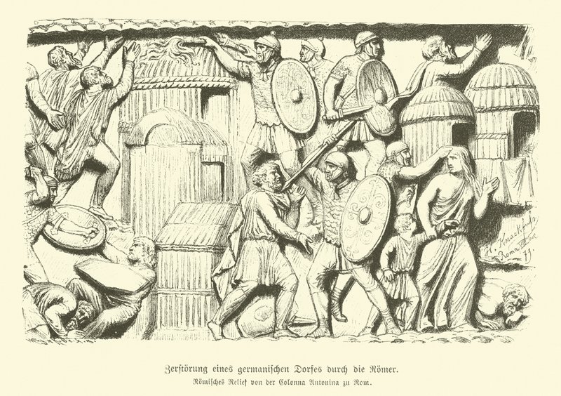 Destruction of a Germanic village by Roman soldiers (engraving) 作者 德国学校