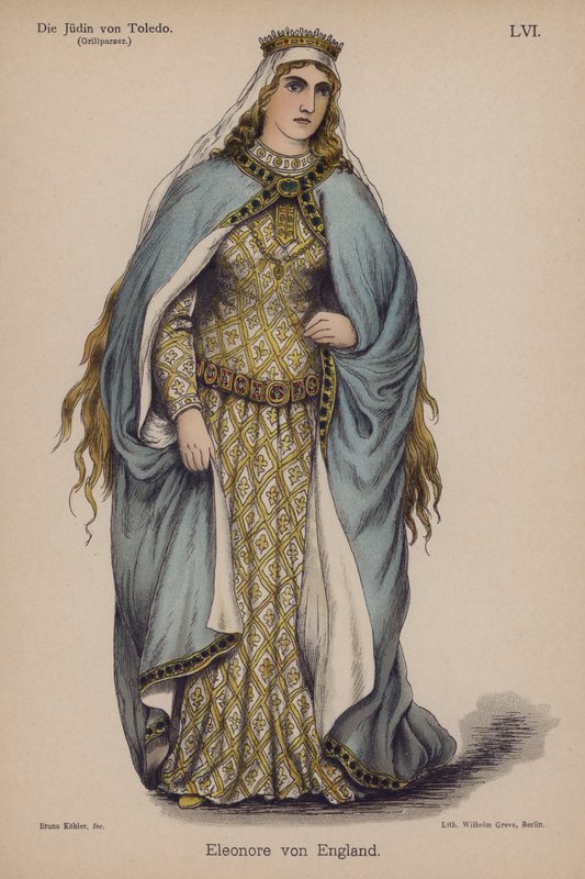 英格兰的埃莉诺，出自 Die Judin von Toledo（托莱多的犹太人）作者 Franz Grillparzer（彩色石版画） 作者 德国学校