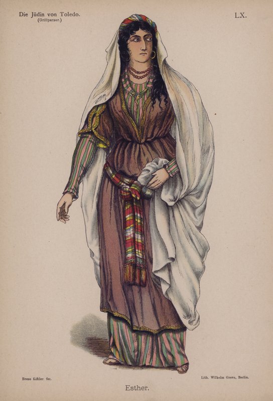 Esther，来自 Die Judin von Toledo（托莱多的犹太人）作者 Franz Grillparzer（彩色石版画） 作者 德国学校