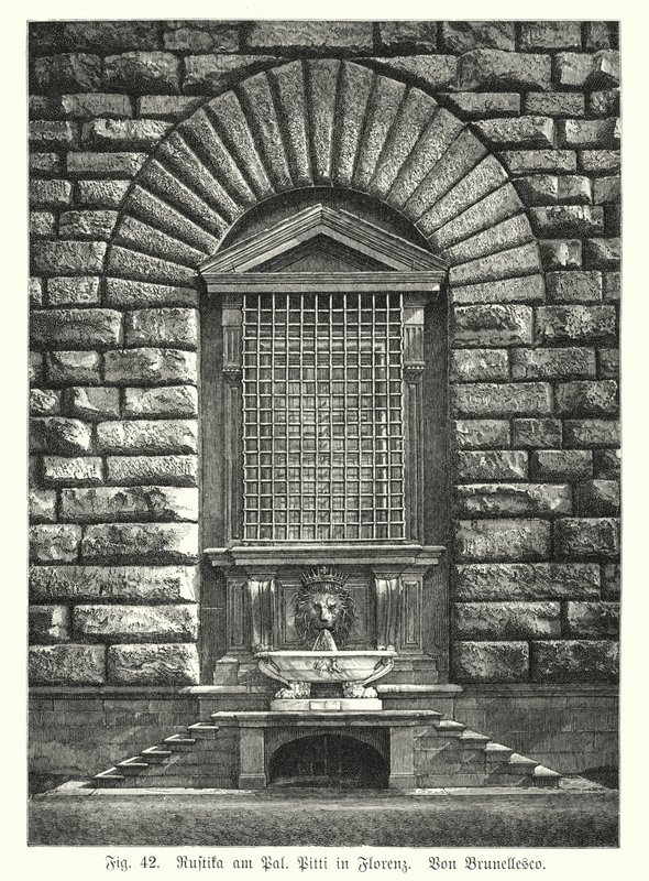 Example of rustification, by Filippo Brunelleschi, Palazzo Pitti, Florence, Italy (engraving) 作者 德国学校