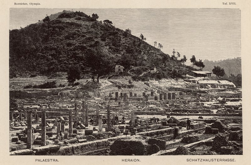Excavation of the site of ancient Olympia, Greece: the Palaestra, the Temple of Hera and the Treasuries (engraving) 作者 德国学校