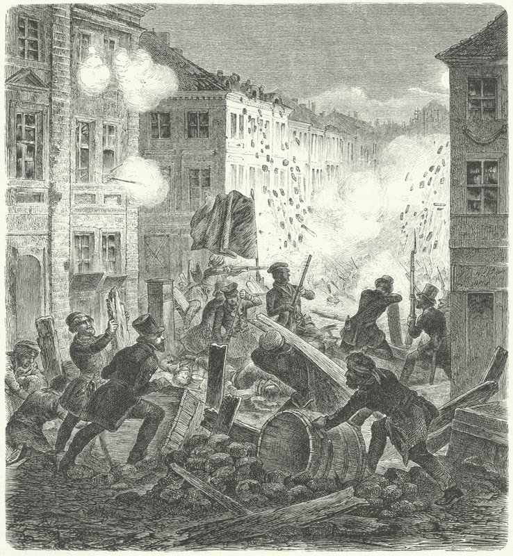 1848 年革命，柏林，科恩市政厅前的路障战斗（版画） 作者 德国学校