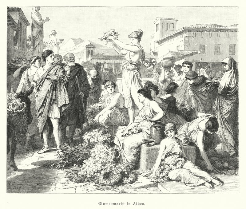 Flower market in Athens, Ancient Greece (engraving) 作者 德国学校