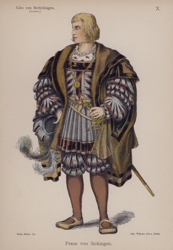 Franz von Sickingen，来自歌德的 Gotz von Berlichingen（彩色石版画） 作者 德国学校