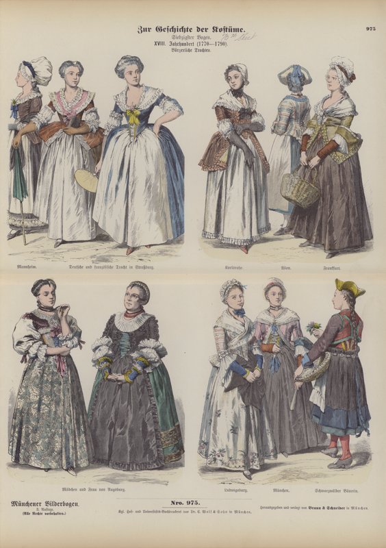法国和德国中产阶级妇女的服装，18世纪末（彩色版画 作者 德国学校
