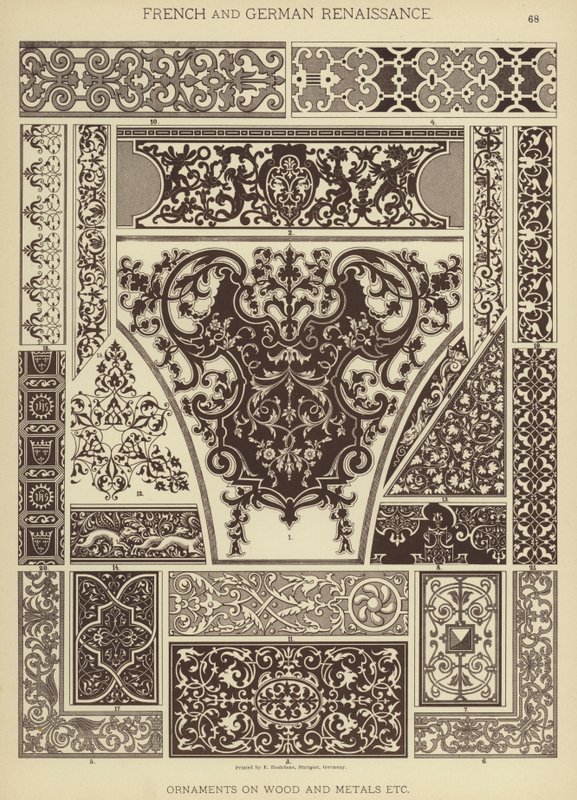 法国和德国文艺复兴，木头和金属装饰品等（彩色石版画） 作者 德国学校