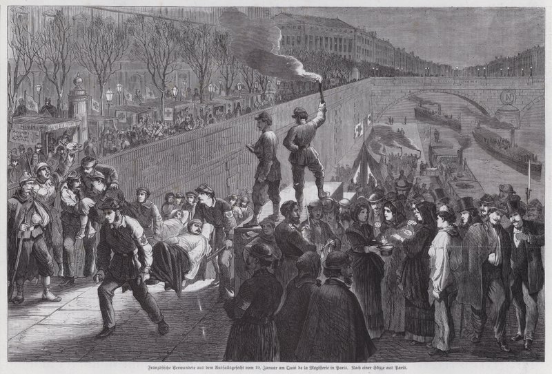 French soldiers wounded in the final unsuccessful attempt to break out from the Siege of Paris arriving at the Quai de la Megisserie, Franco Prussian War, January 1871 (engraving) 作者 德国学校